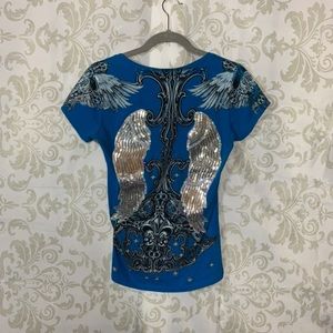 In Vein Blue Angel Embellished Vneck Shirt Small